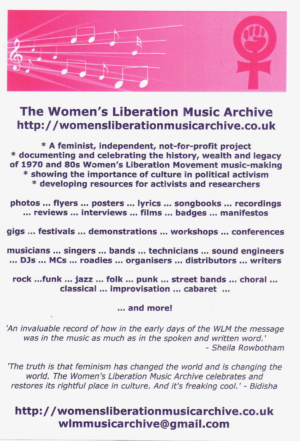 A flyer describes the archive, listing what it comprises: recordings, photos, ephemera. A WLM symbol is juxtaposed with musical notes.